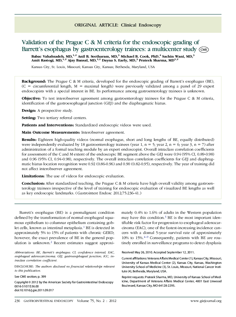 Validation of the Prague C & M criteria for the endoscopic grading of Barrett's esophagus by gastroenterology trainees: a multicenter study 