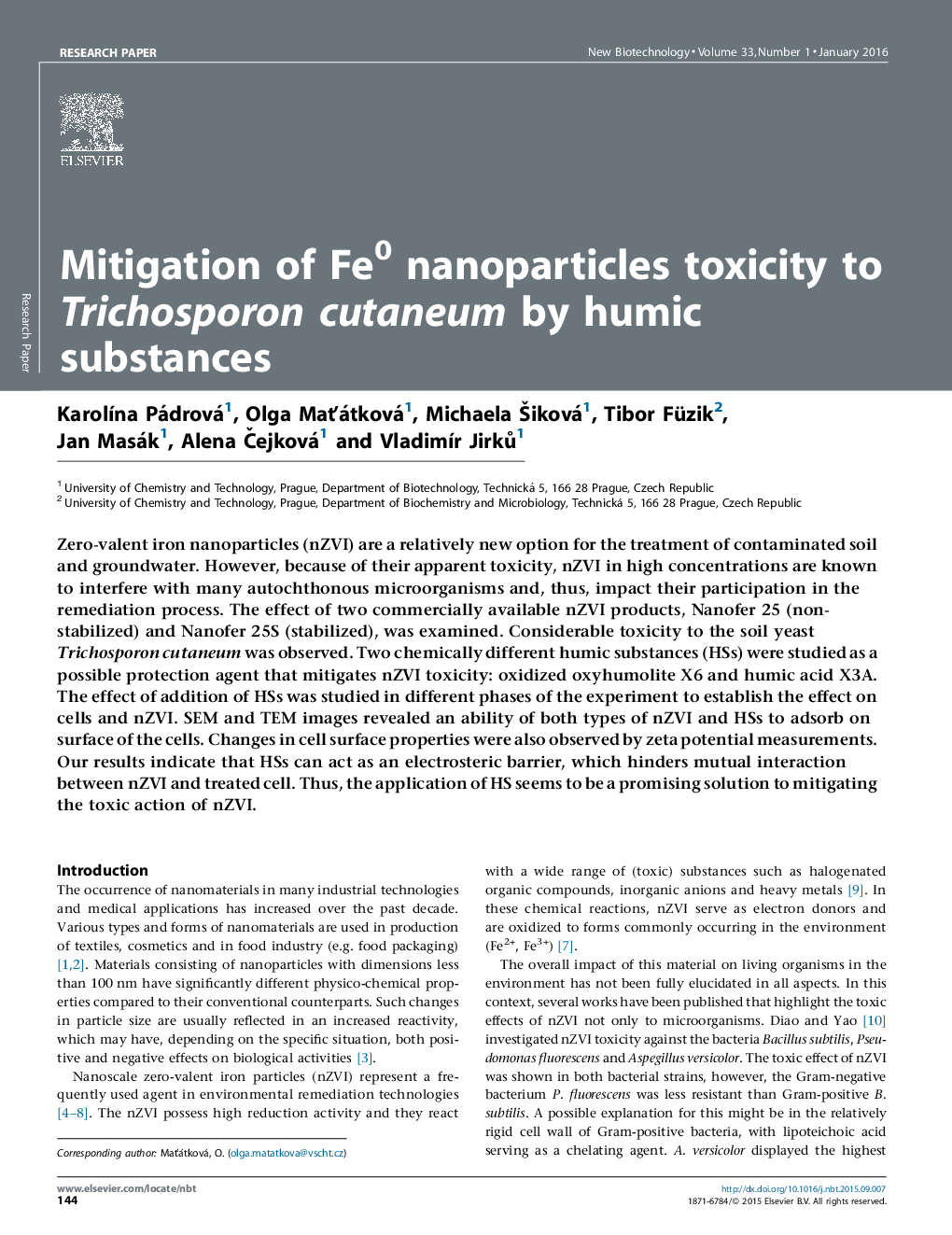 عکس صفحه اول مقاله: Mitigation of Fe0 nanoparticles toxicity to Trichosporon cutaneum by humic substances Mitigation of Fe0 nanoparticles toxicity to Trichosporon cutaneum by humic substances