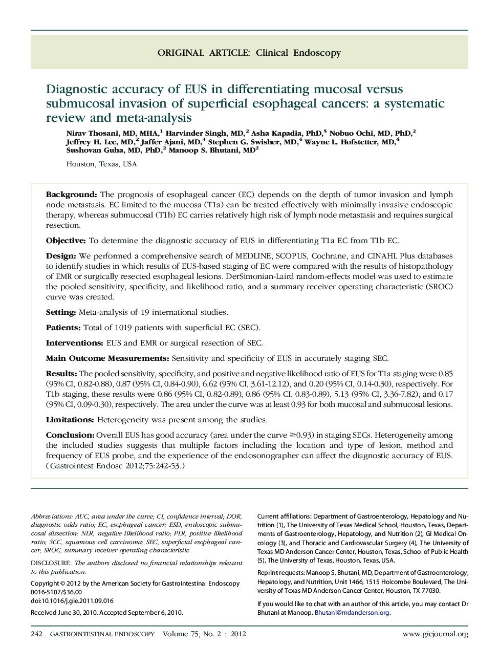 Diagnostic accuracy of EUS in differentiating mucosal versus submucosal invasion of superficial esophageal cancers: a systematic review and meta-analysis 