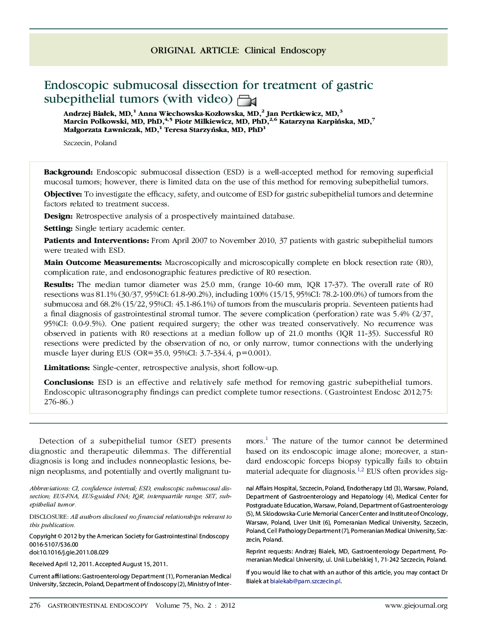 Endoscopic submucosal dissection for treatment of gastric subepithelial tumors (with video) 