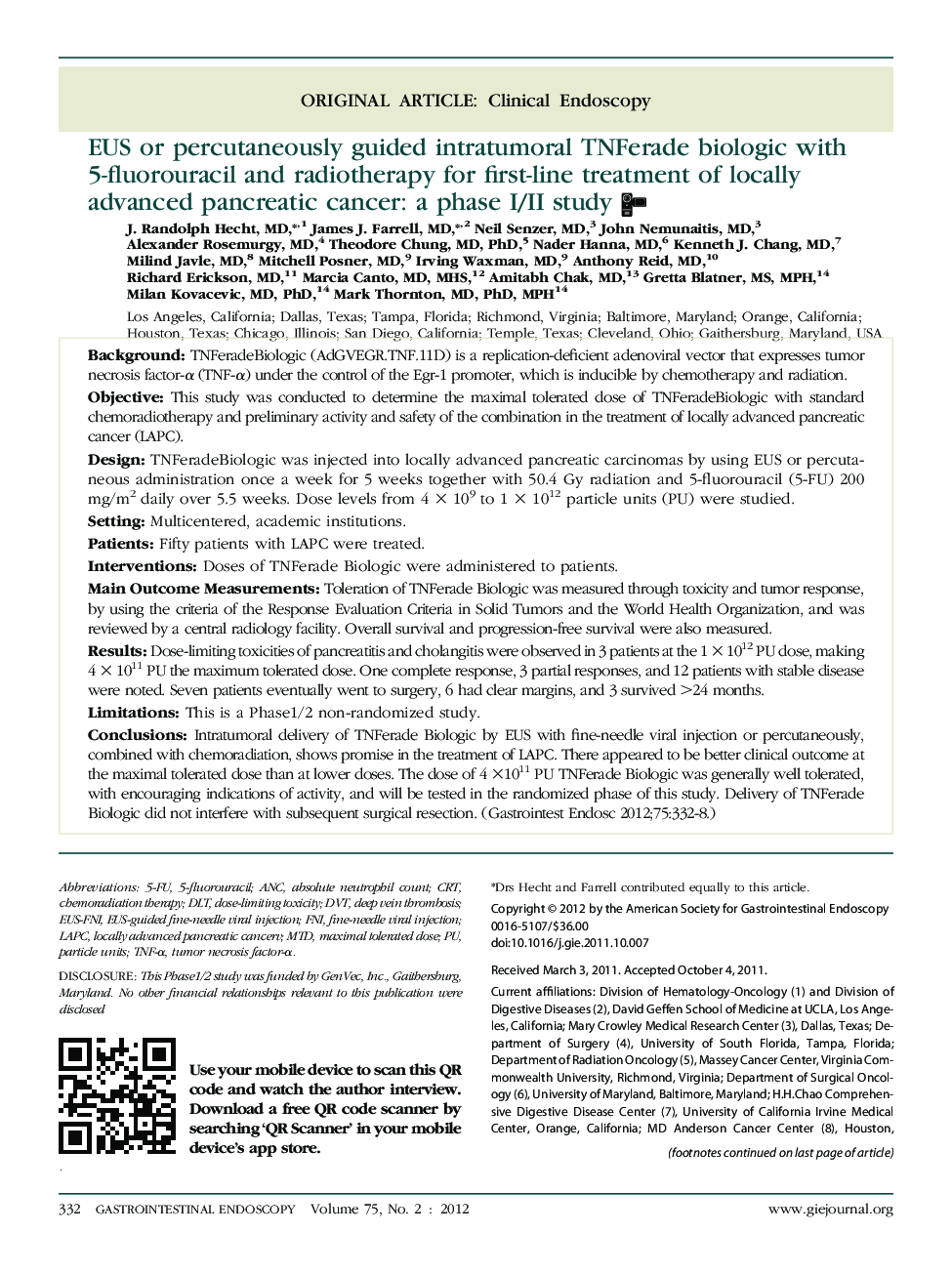 EUS or percutaneously guided intratumoral TNFerade biologic with 5-fluorouracil and radiotherapy for first-line treatment of locally advanced pancreatic cancer: a phase I/II study 