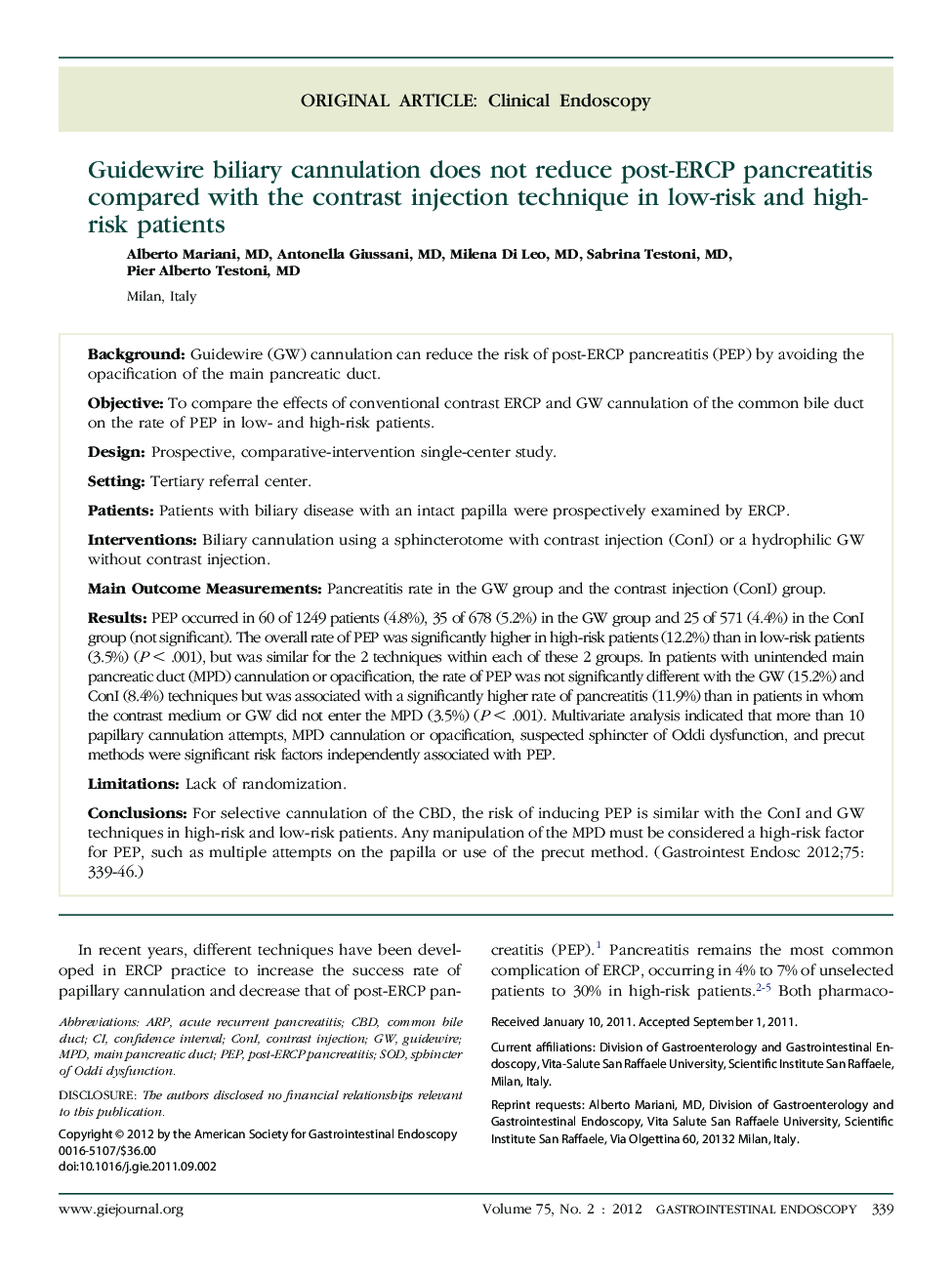 Guidewire biliary cannulation does not reduce post-ERCP pancreatitis compared with the contrast injection technique in low-risk and high-risk patients 