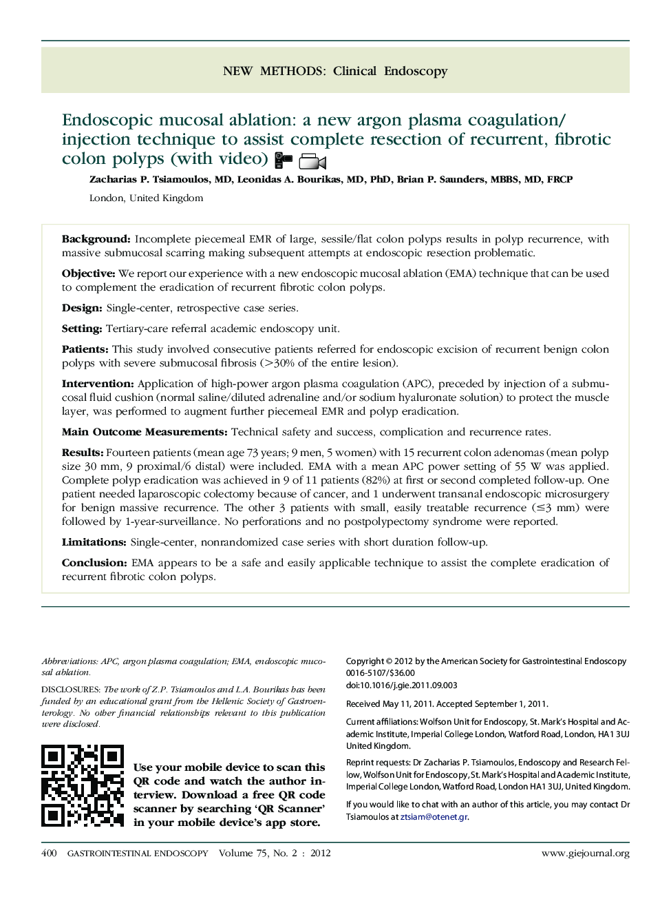 عکس صفحه اول مقاله: Endoscopic mucosal ablation: a new argon plasma coagulation/injection technique to assist complete resection of recurrent, fibrotic colon polyps (with video) Endoscopic mucosal ablation: a new argon plasma coagulation/injection technique to assist complete resection of recurrent, fibrotic colon polyps (with video)