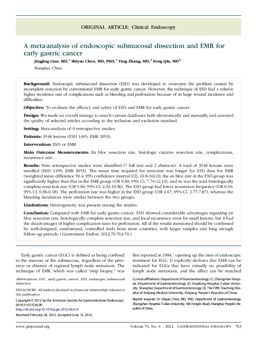 A meta-analysis of endoscopic submucosal dissection and EMR for early gastric cancer 