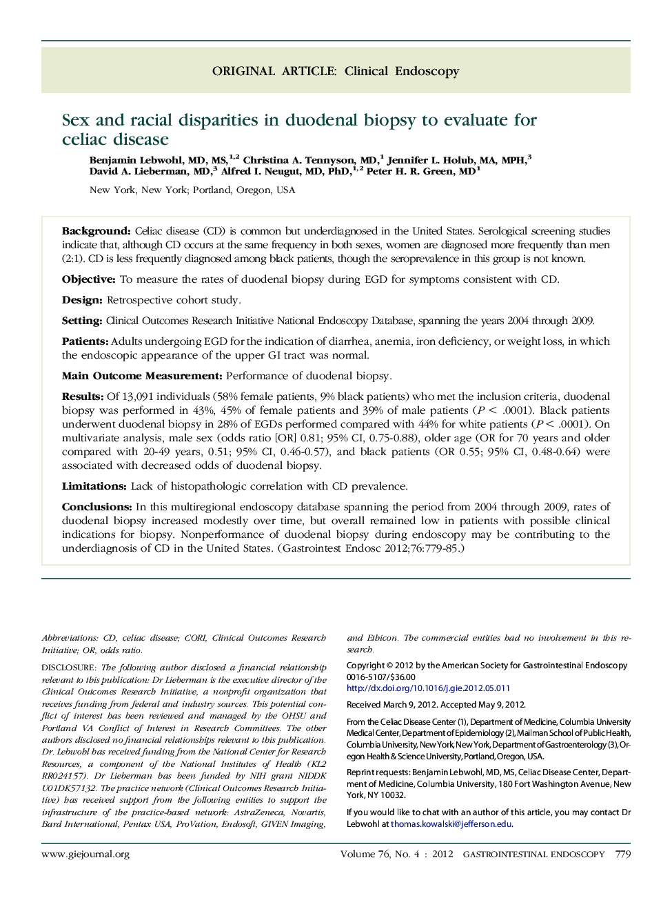 Sex and racial disparities in duodenal biopsy to evaluate for celiac disease 