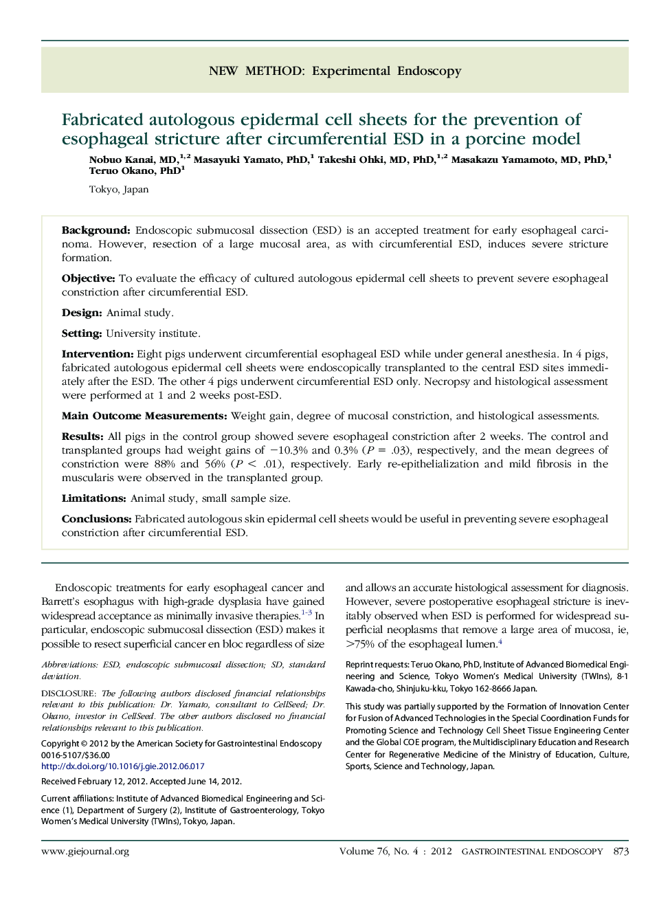 Fabricated autologous epidermal cell sheets for the prevention of esophageal stricture after circumferential ESD in a porcine model 