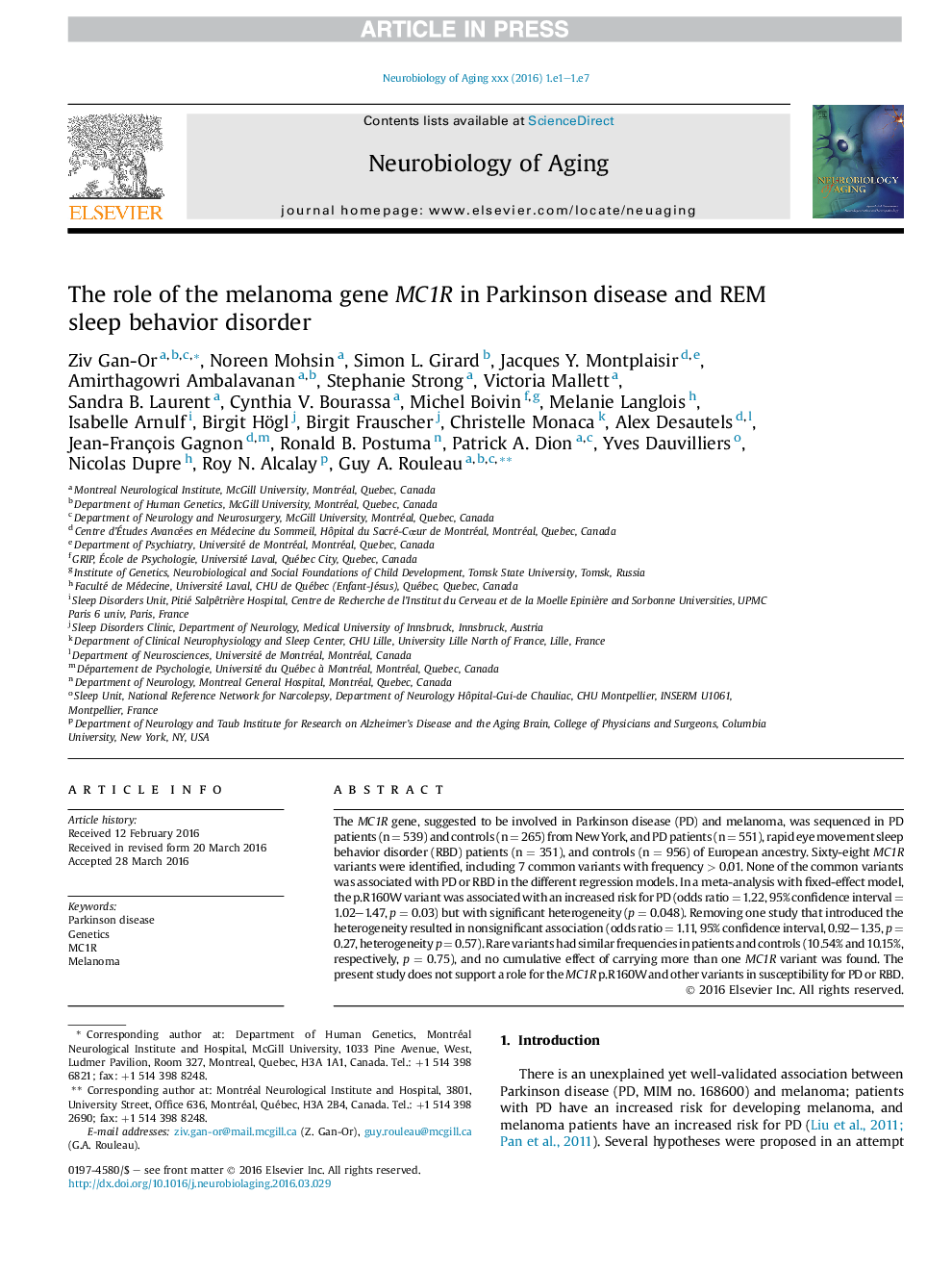 The role of the melanoma gene MC1R in Parkinson disease and REM sleep behavior disorder