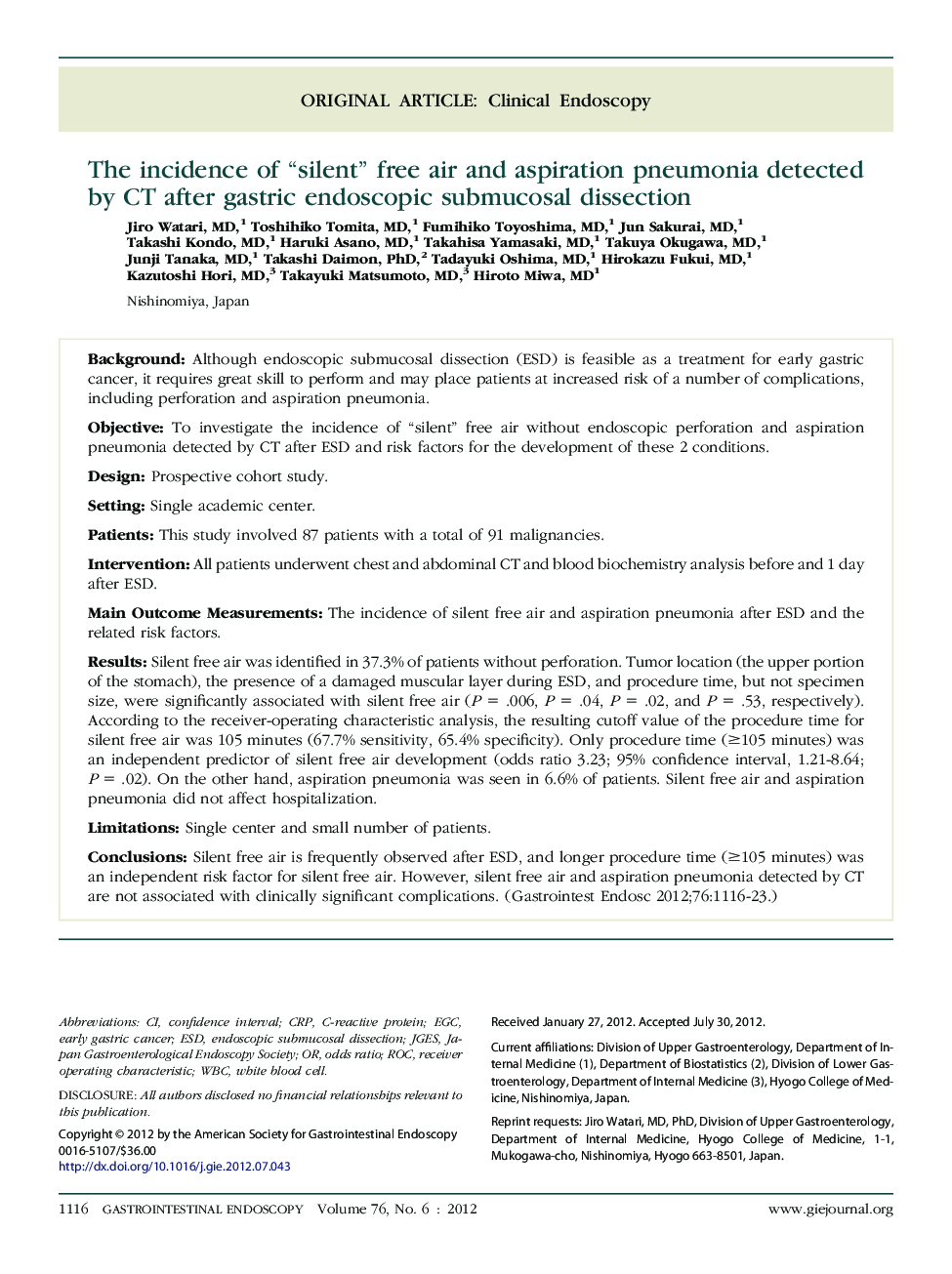 The incidence of “silent” free air and aspiration pneumonia detected by CT after gastric endoscopic submucosal dissection 