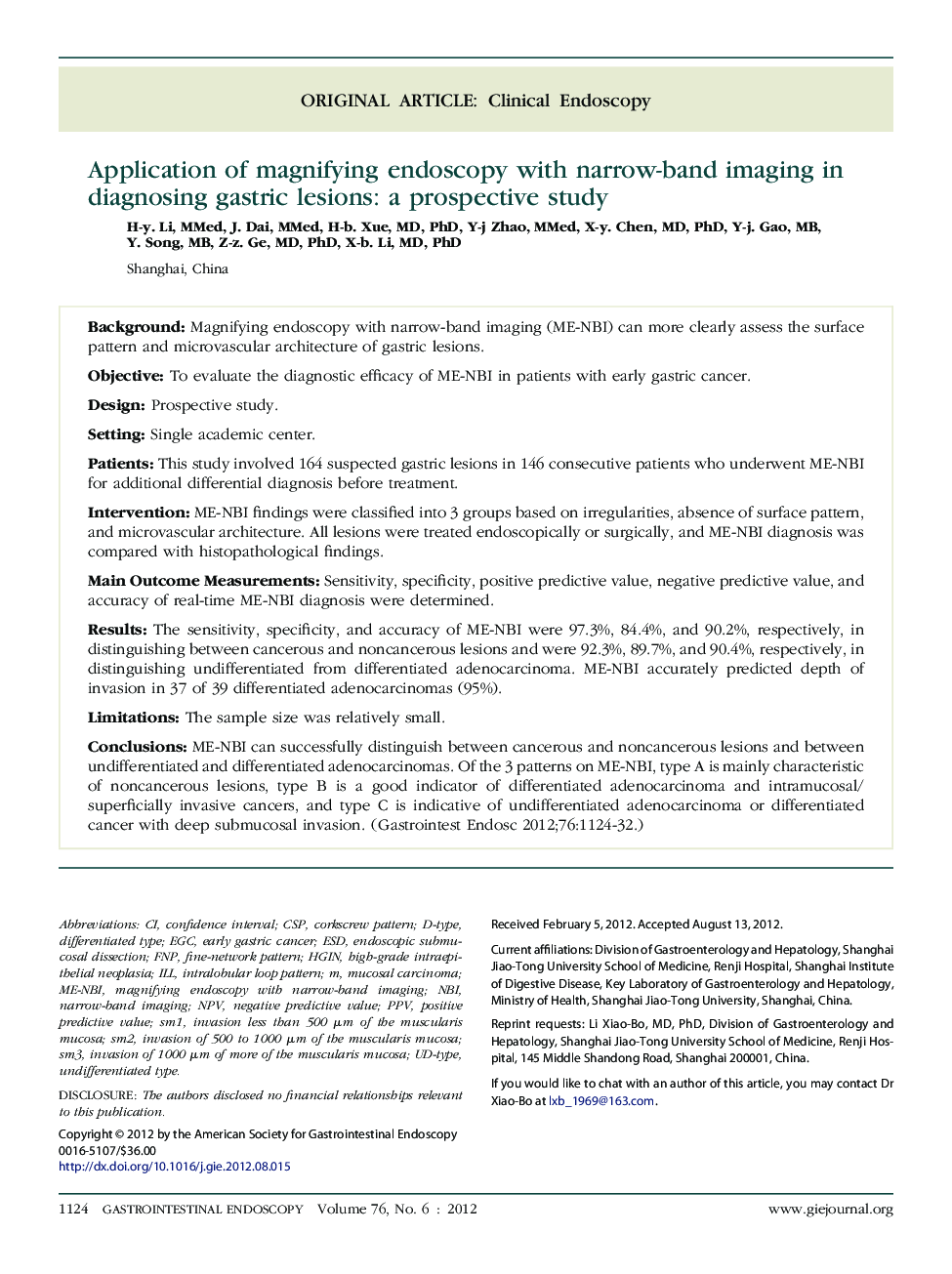 Application of magnifying endoscopy with narrow-band imaging in diagnosing gastric lesions: a prospective study 