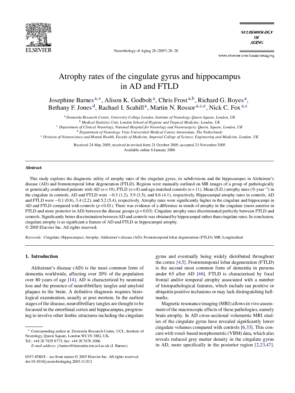 Atrophy rates of the cingulate gyrus and hippocampus in AD and FTLD