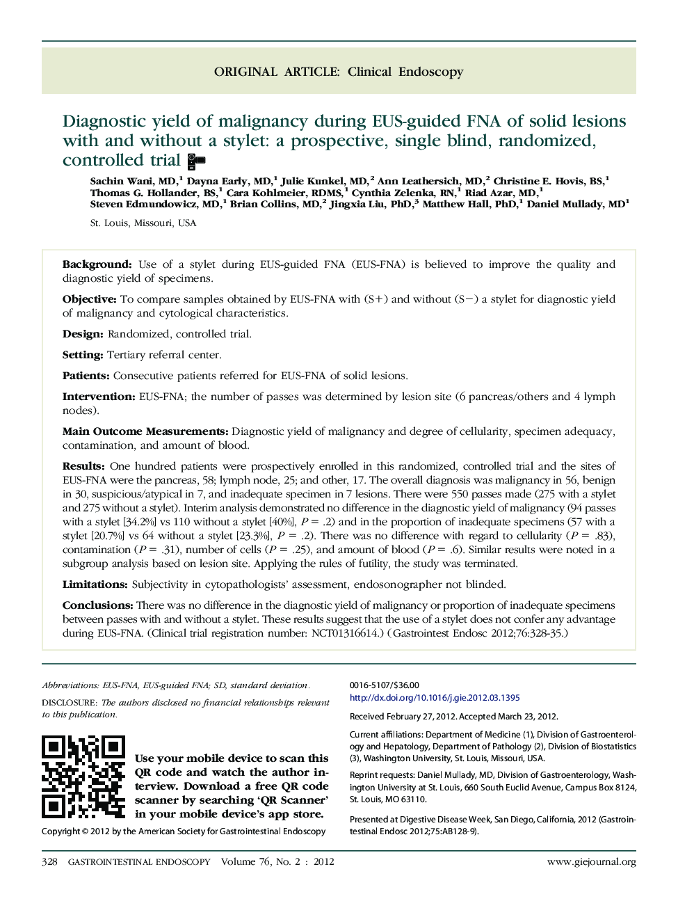 Diagnostic yield of malignancy during EUS-guided FNA of solid lesions with and without a stylet: a prospective, single blind, randomized, controlled trial 