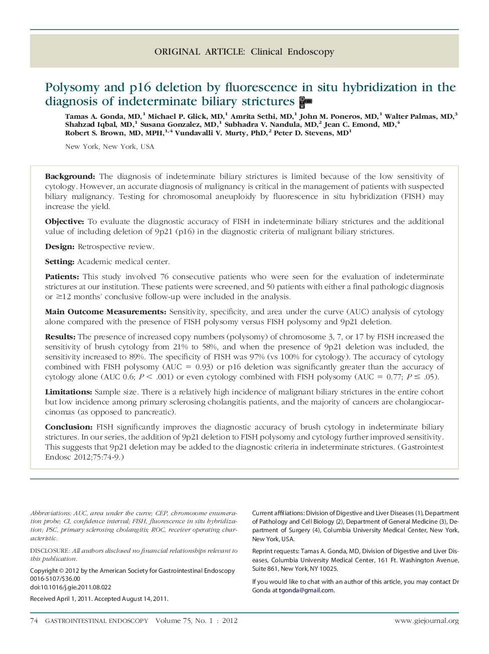 Polysomy and p16 deletion by fluorescence in situ hybridization in the diagnosis of indeterminate biliary strictures 