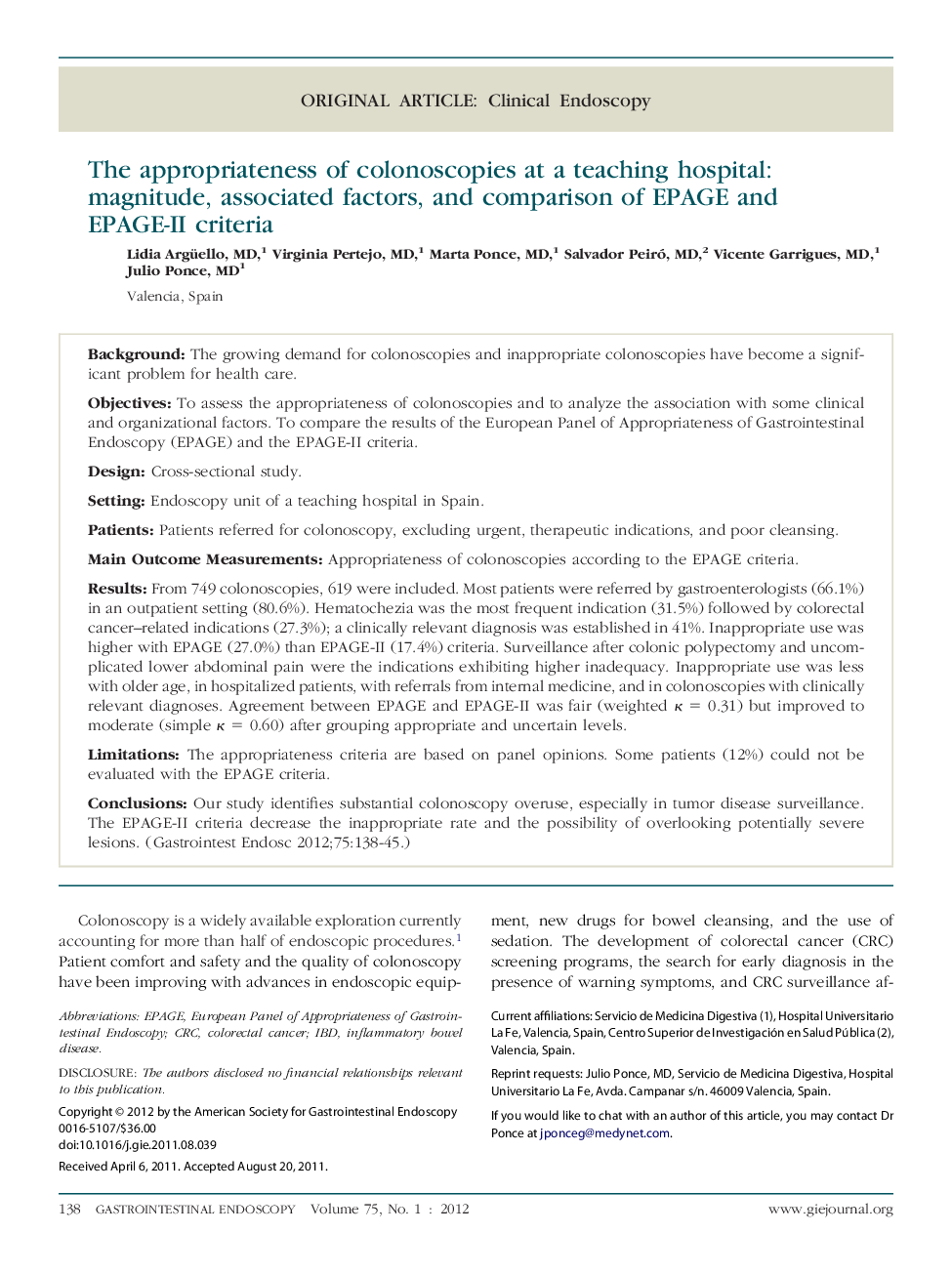 The appropriateness of colonoscopies at a teaching hospital: magnitude, associated factors, and comparison of EPAGE and EPAGE-II criteria 