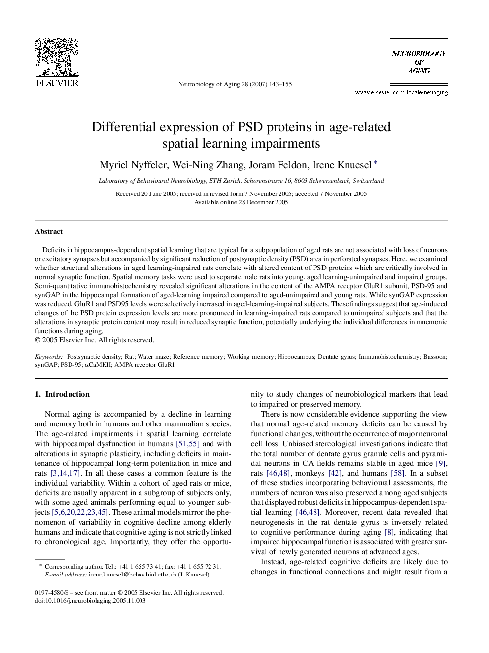 Differential expression of PSD proteins in age-related spatial learning impairments