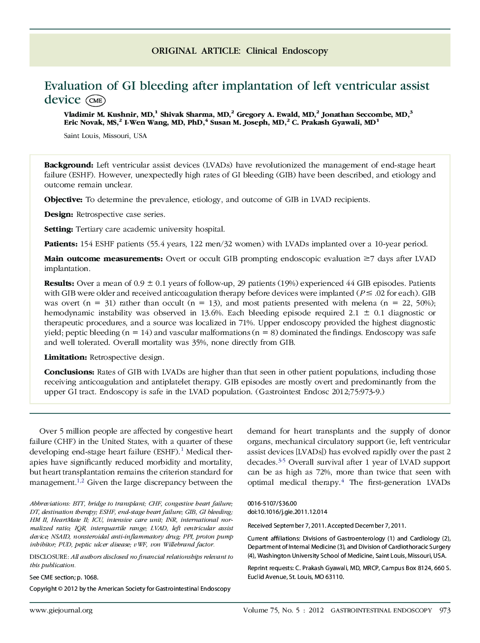 Evaluation of GI bleeding after implantation of left ventricular assist device 