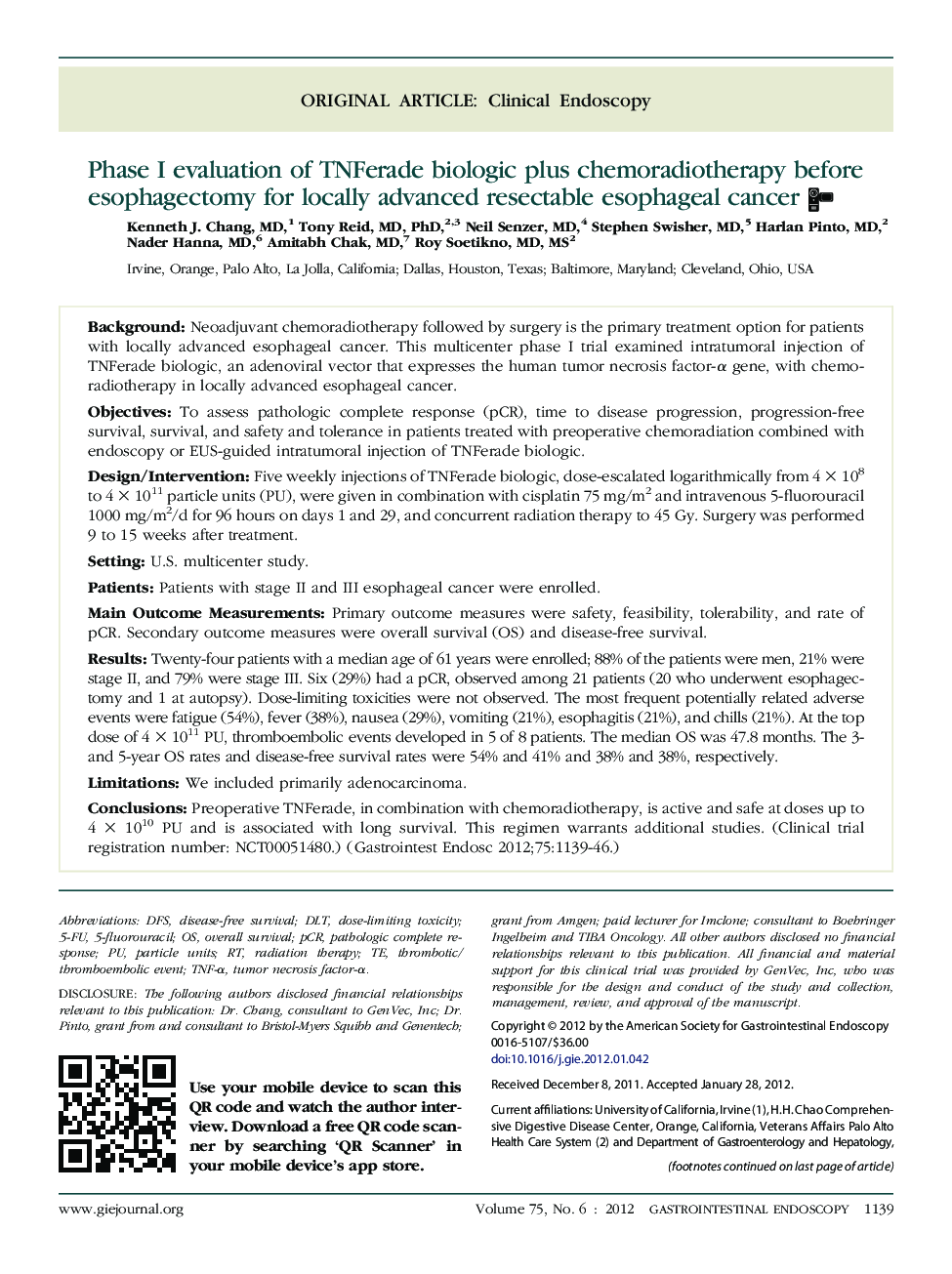 Phase I evaluation of TNFerade biologic plus chemoradiotherapy before esophagectomy for locally advanced resectable esophageal cancer