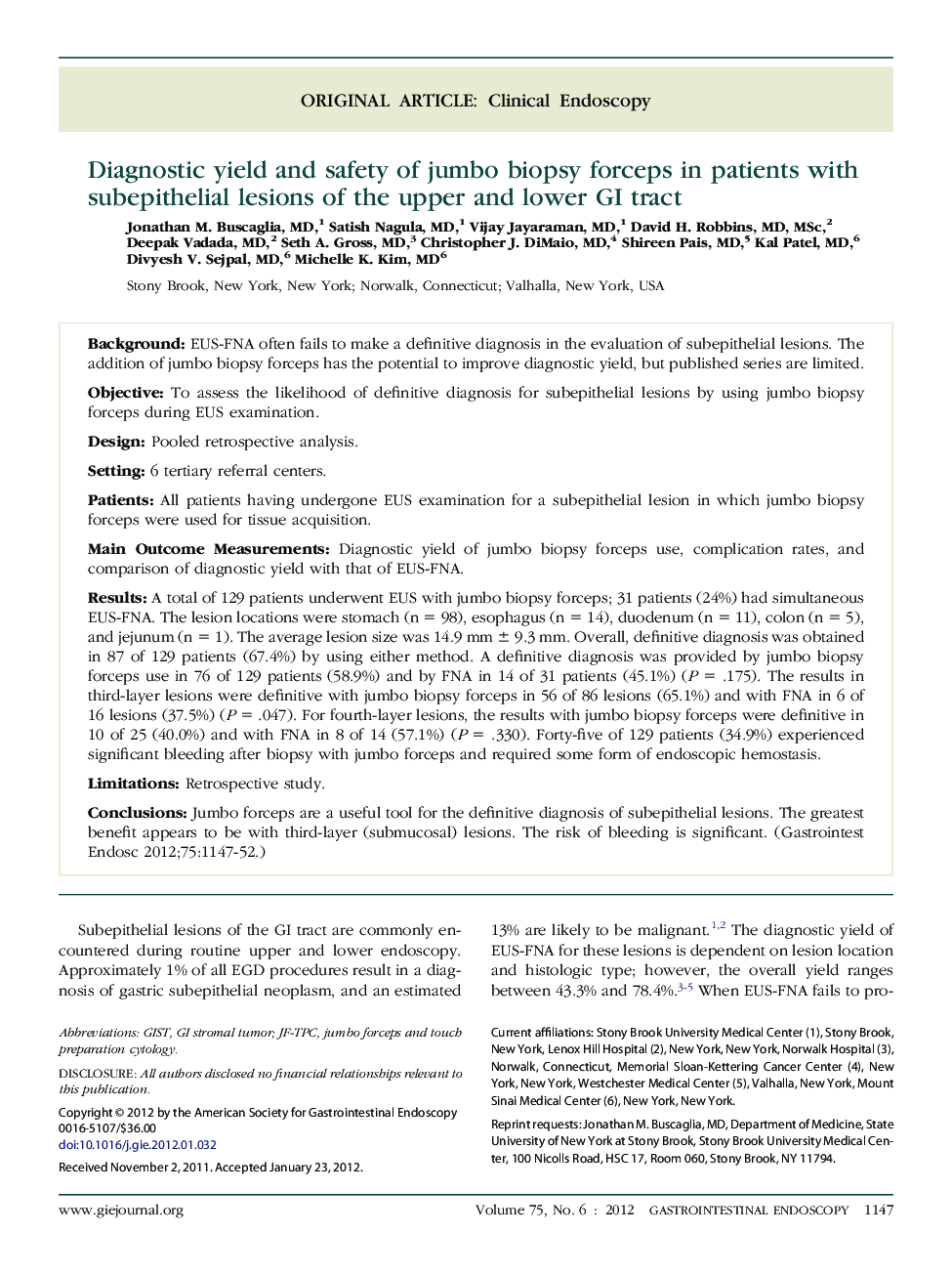 Diagnostic yield and safety of jumbo biopsy forceps in patients with subepithelial lesions of the upper and lower GI tract 