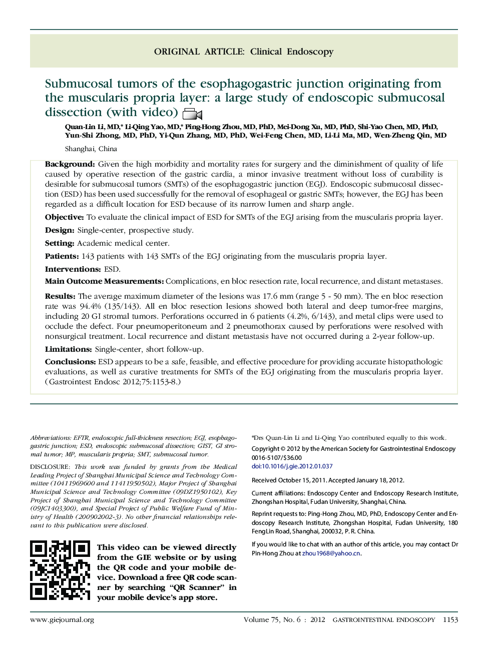 Submucosal tumors of the esophagogastric junction originating from the muscularis propria layer: a large study of endoscopic submucosal dissection (with video) 