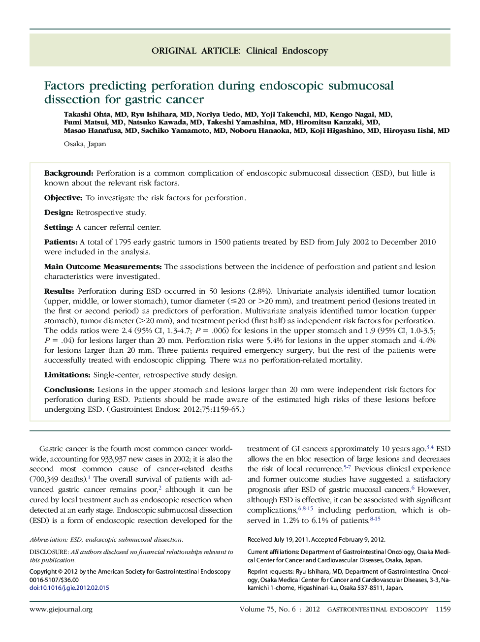 Factors predicting perforation during endoscopic submucosal dissection for gastric cancer 