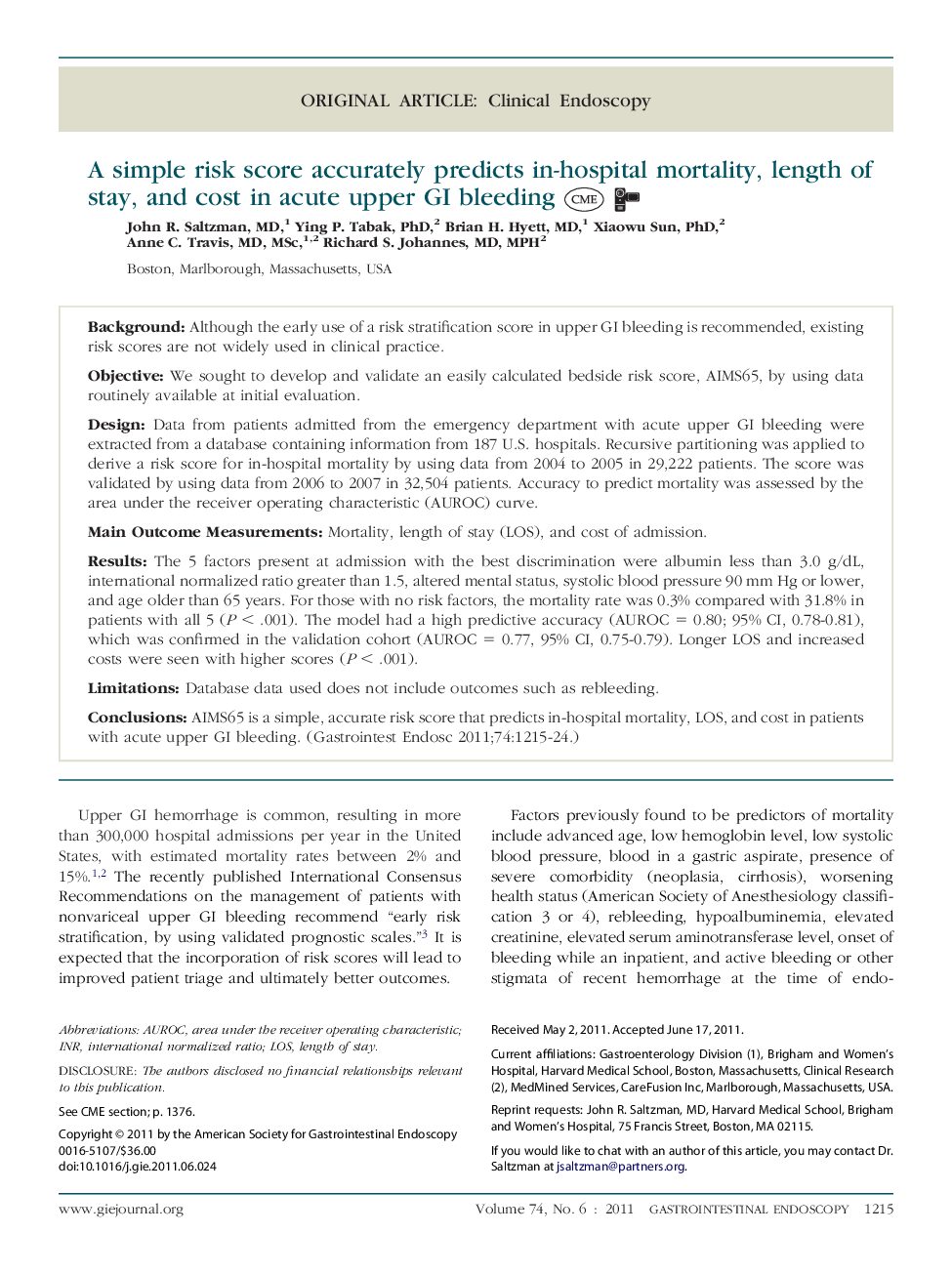 A simple risk score accurately predicts in-hospital mortality, length of stay, and cost in acute upper GI bleeding 