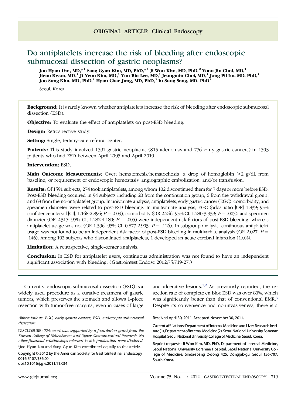 Do antiplatelets increase the risk of bleeding after endoscopic submucosal dissection of gastric neoplasms? 