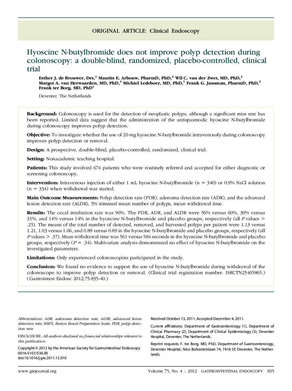 Hyoscine N-butylbromide does not improve polyp detection during colonoscopy: a double-blind, randomized, placebo-controlled, clinical trial 