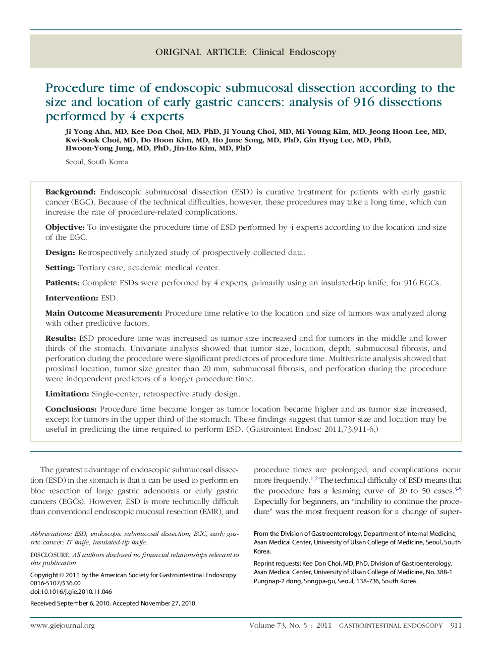 Procedure time of endoscopic submucosal dissection according to the size and location of early gastric cancers: analysis of 916 dissections performed by 4 experts 