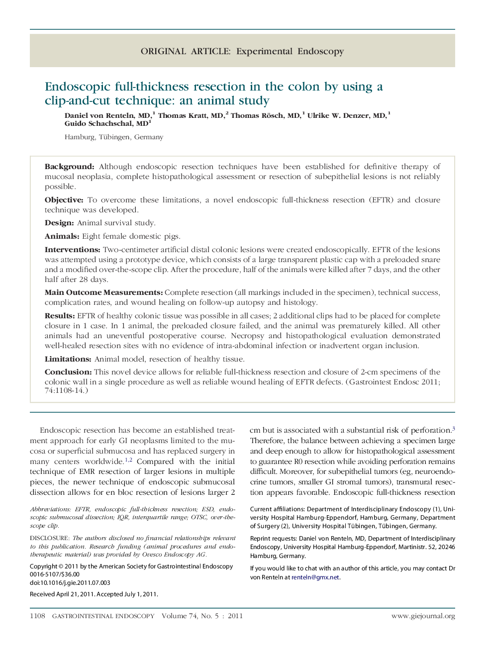 Endoscopic full-thickness resection in the colon by using a clip-and-cut technique: an animal study 