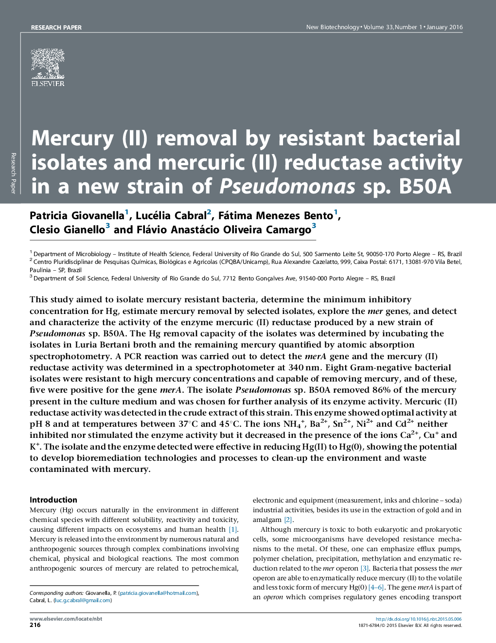 عکس صفحه اول مقاله: Mercury (II) removal by resistant bacterial isolates and mercuric (II) reductase activity in a new strain of Pseudomonas sp. B50A Mercury (II) removal by resistant bacterial isolates and mercuric (II) reductase activity in a new strain of Pseudomonas sp. B50A