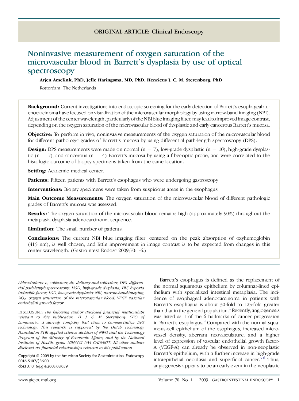 Noninvasive measurement of oxygen saturation of the microvascular blood in Barrett's dysplasia by use of optical spectroscopy 