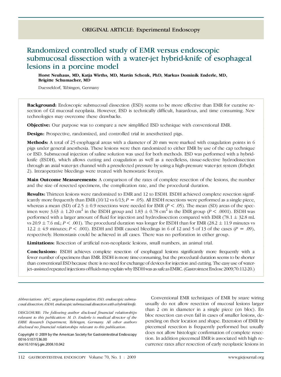 Randomized controlled study of EMR versus endoscopic submucosal dissection with a water-jet hybrid-knife of esophageal lesions in a porcine model 