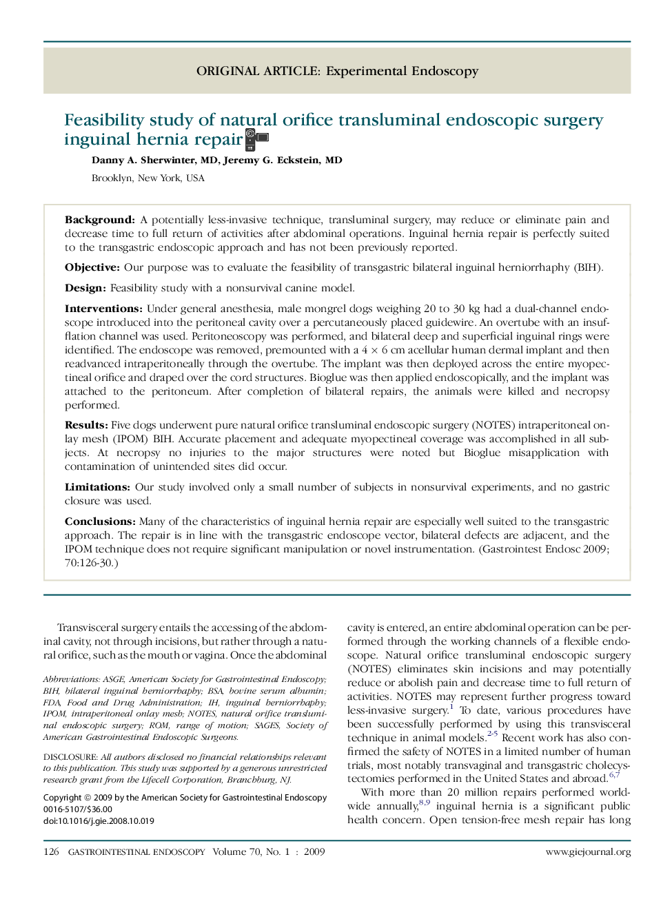 Feasibility study of natural orifice transluminal endoscopic surgery inguinal hernia repair