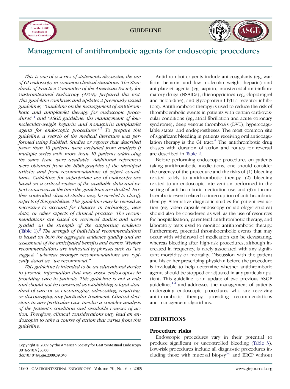 Management of antithrombotic agents for endoscopic procedures