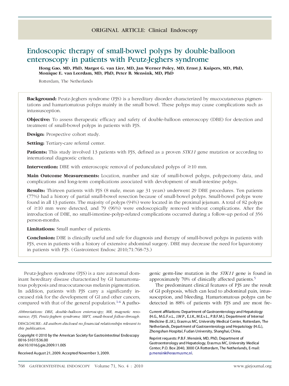 Endoscopic therapy of small-bowel polyps by double-balloon enteroscopy in patients with Peutz-Jeghers syndrome 