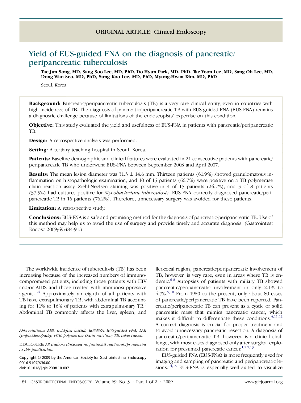 Yield of EUS-guided FNA on the diagnosis of pancreatic/peripancreatic tuberculosis 