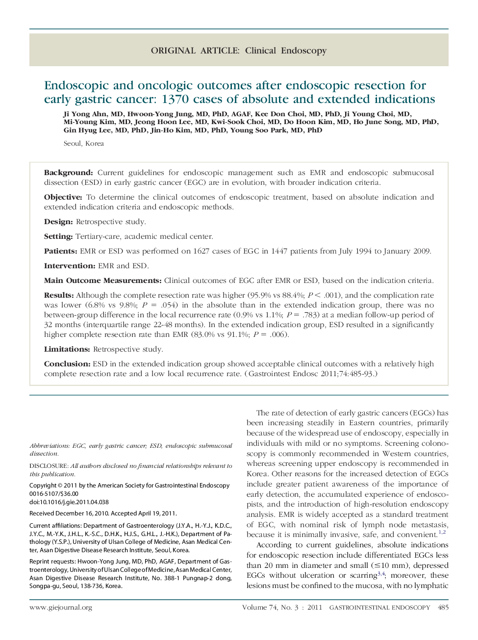 Endoscopic and oncologic outcomes after endoscopic resection for early gastric cancer: 1370 cases of absolute and extended indications 