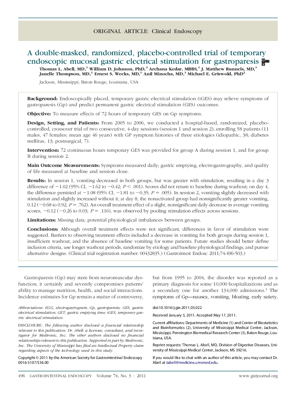 A double-masked, randomized, placebo-controlled trial of temporary endoscopic mucosal gastric electrical stimulation for gastroparesis