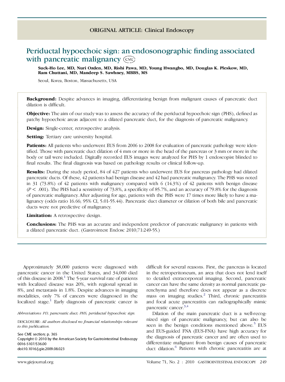 Periductal hypoechoic sign: an endosonographic finding associated with pancreatic malignancy 