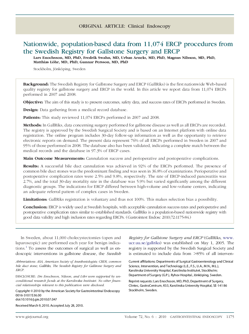 Nationwide, population-based data from 11,074 ERCP procedures from the Swedish Registry for Gallstone Surgery and ERCP