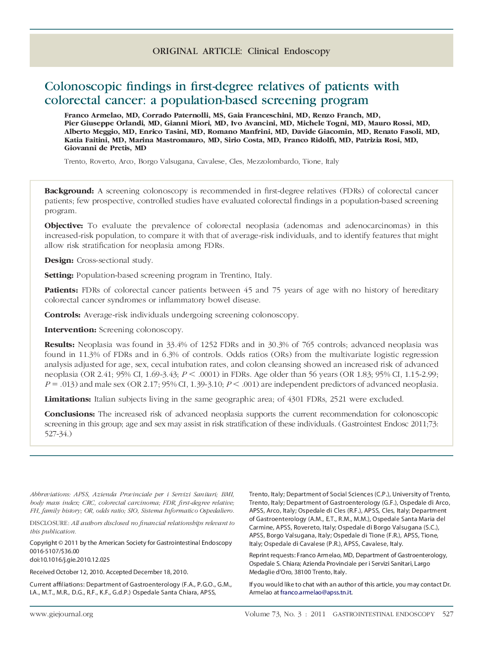 عکس صفحه اول مقاله: Colonoscopic findings in first-degree relatives of patients with colorectal cancer: a population-based screening program Colonoscopic findings in first-degree relatives of patients with colorectal cancer: a population-based screening program