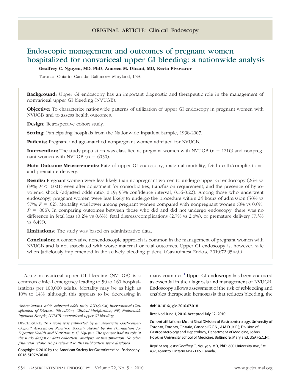 Endoscopic management and outcomes of pregnant women hospitalized for nonvariceal upper GI bleeding: a nationwide analysis 