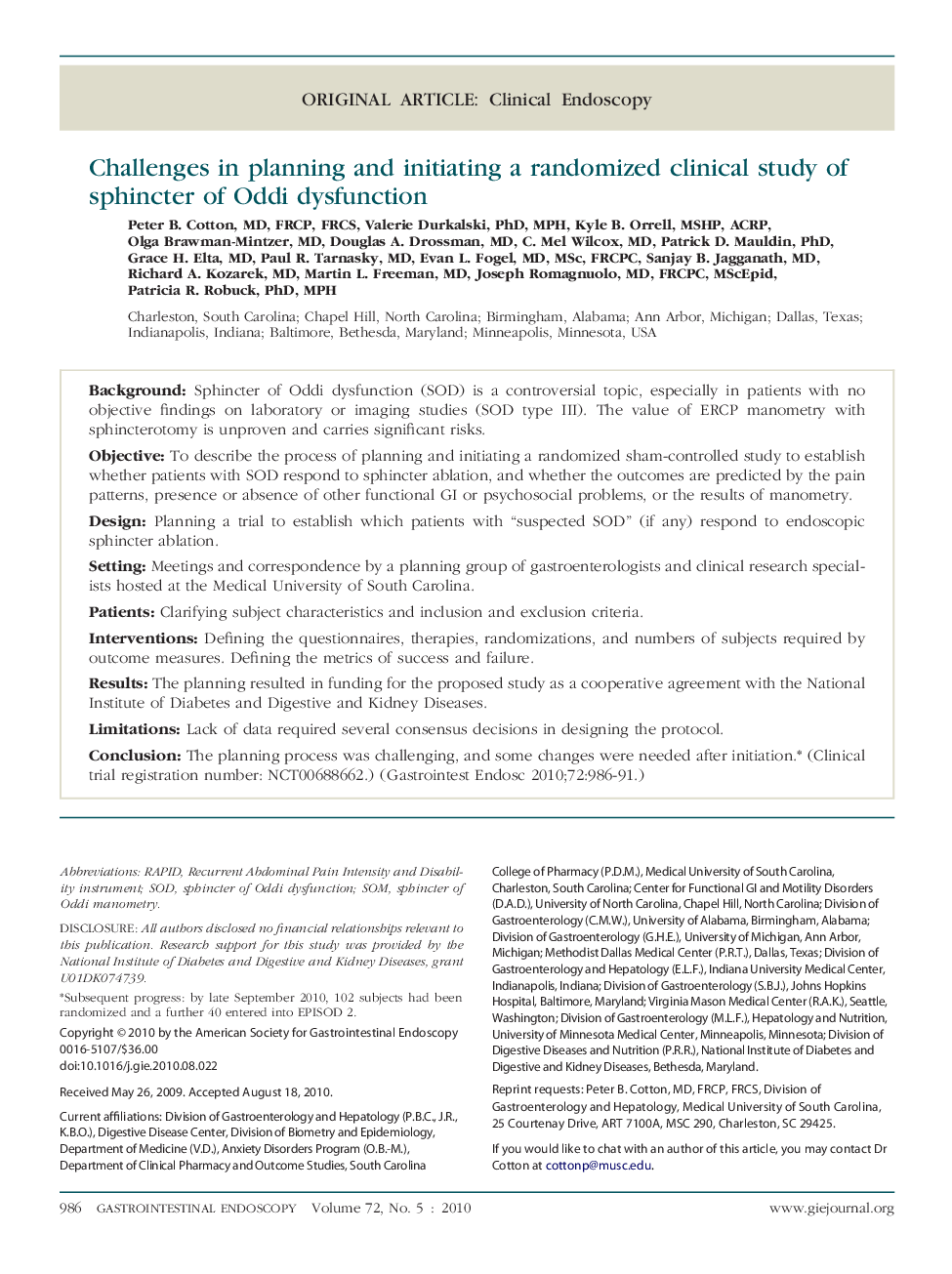 Challenges in planning and initiating a randomized clinical study of sphincter of Oddi dysfunction 