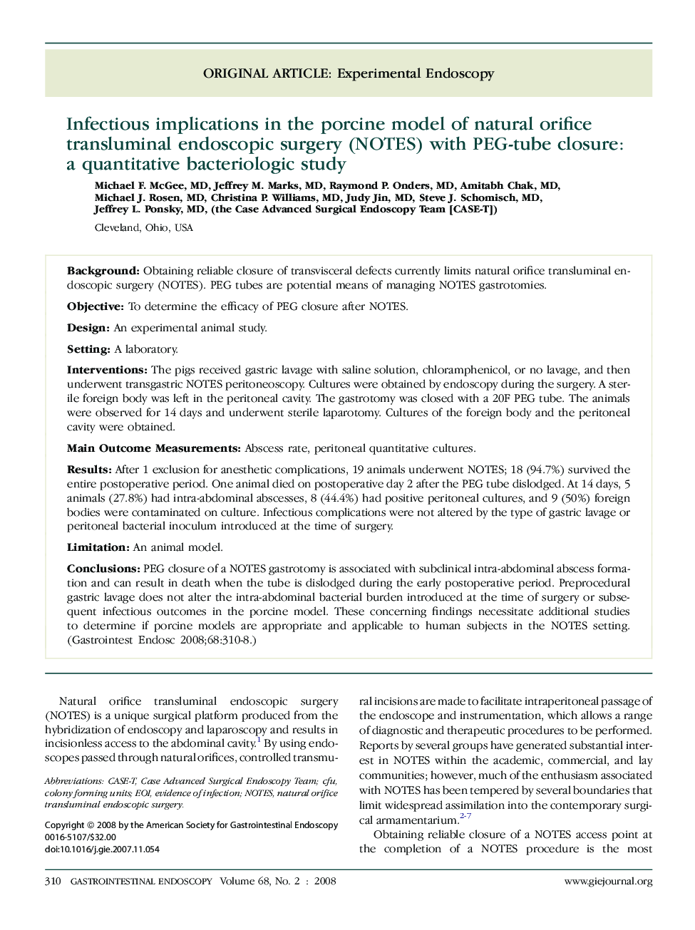 Infectious implications in the porcine model of natural orifice transluminal endoscopic surgery (NOTES) with PEG-tube closure: a quantitative bacteriologic study