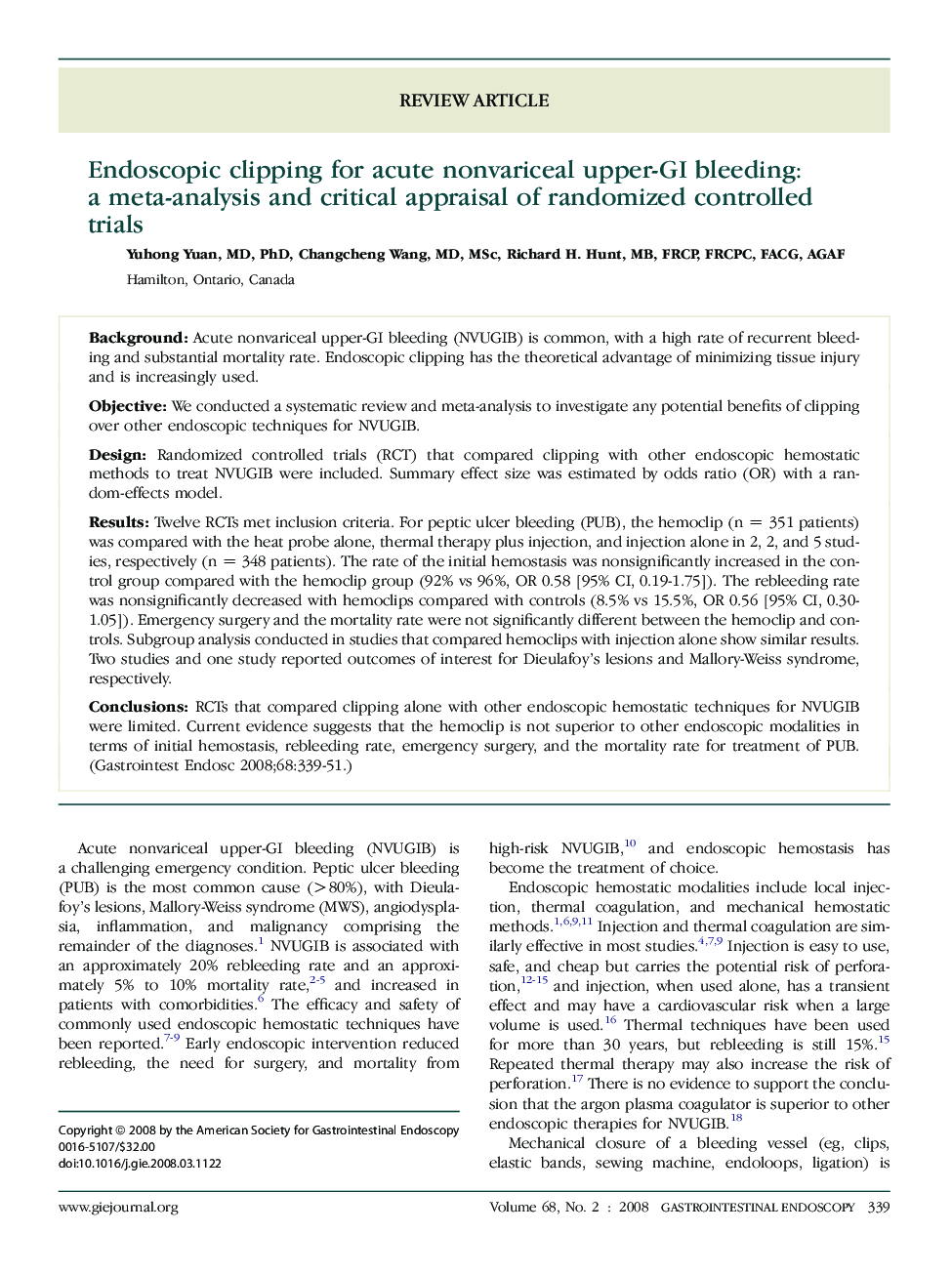 Endoscopic clipping for acute nonvariceal upper-GI bleeding: a meta-analysis and critical appraisal of randomized controlled trials