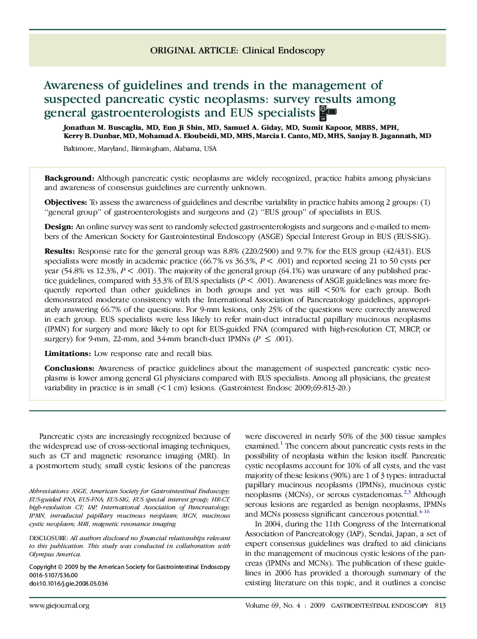 Awareness of guidelines and trends in the management of suspected pancreatic cystic neoplasms: survey results among general gastroenterologists and EUS specialists