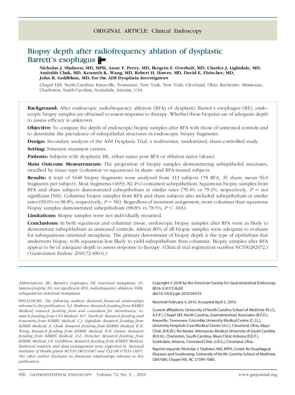 Biopsy depth after radiofrequency ablation of dysplastic Barrett's esophagus