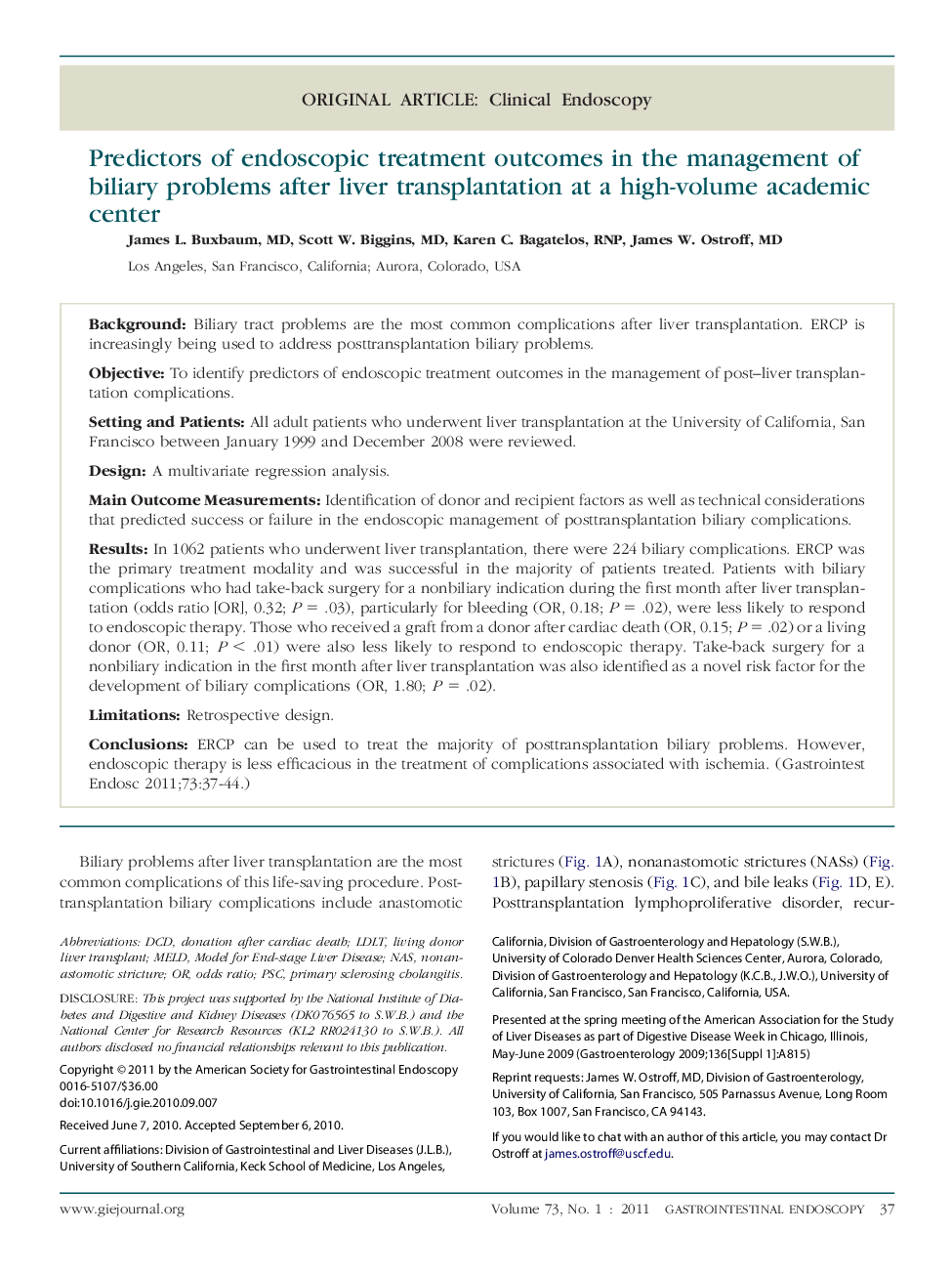 Predictors of endoscopic treatment outcomes in the management of biliary problems after liver transplantation at a high-volume academic center 