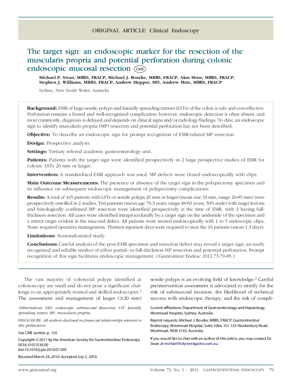 The target sign: an endoscopic marker for the resection of the muscularis propria and potential perforation during colonic endoscopic mucosal resection 