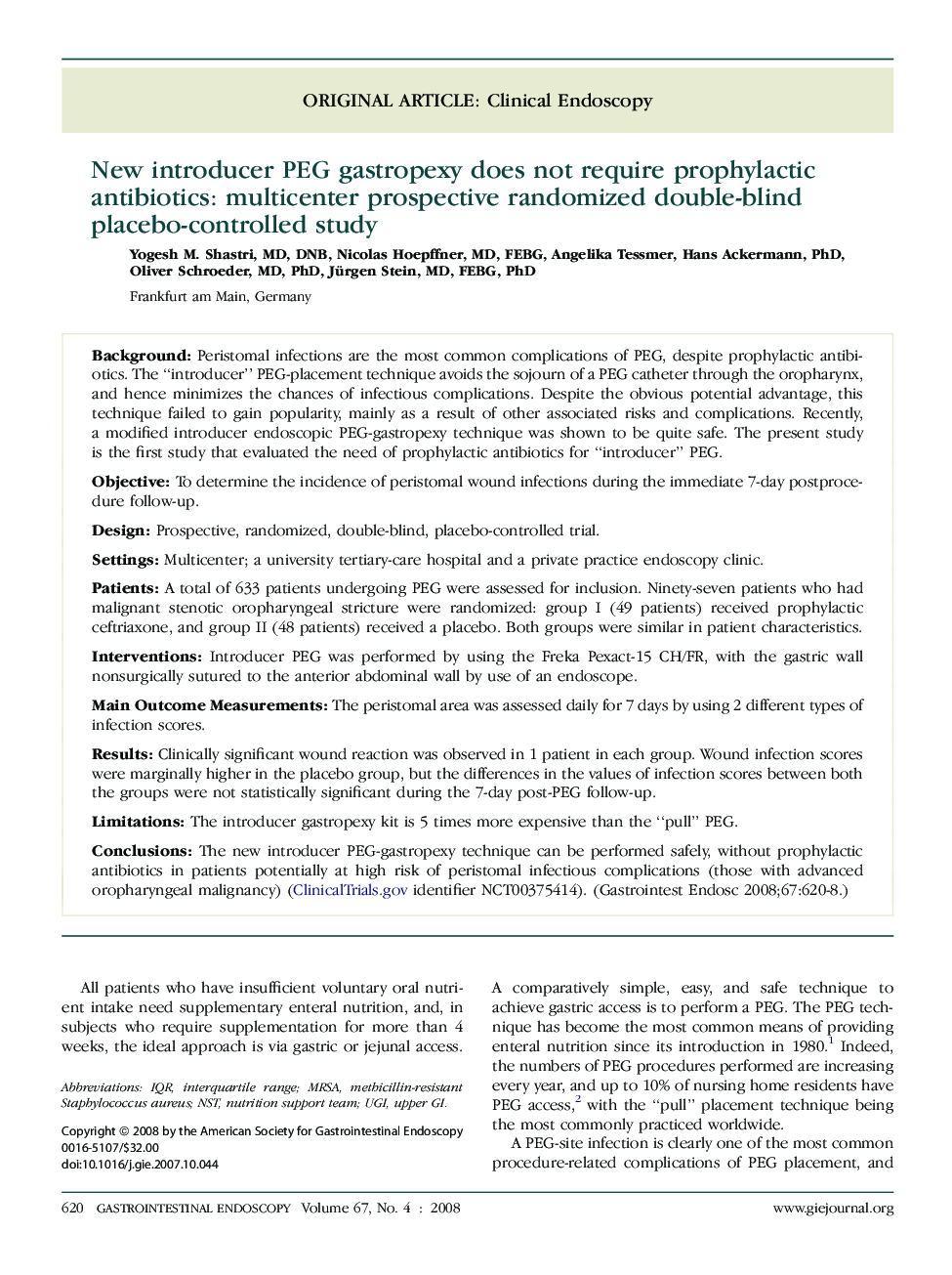 New introducer PEG gastropexy does not require prophylactic antibiotics: multicenter prospective randomized double-blind placebo-controlled study