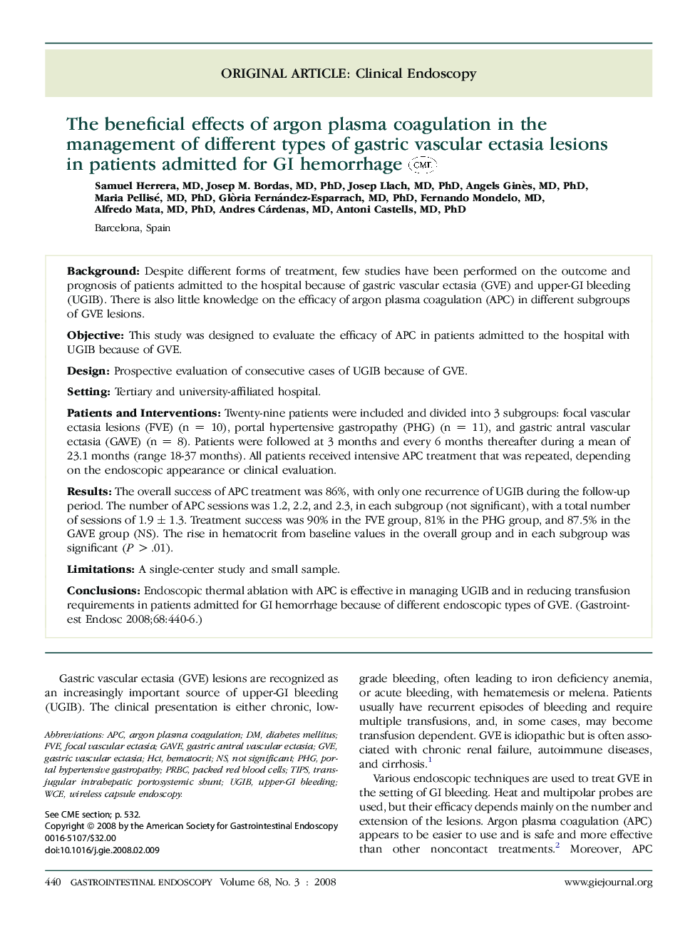 The beneficial effects of argon plasma coagulation in the management of different types of gastric vascular ectasia lesions in patients admitted for GI hemorrhage 